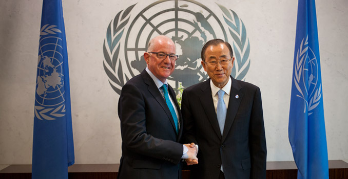 Charles Flanagan, left, Minister for Foreign Affairs and Trade, Ireland, meets with United Nations Secretary-General Ban Ki-Moon during the 69th United Nations General Assembly in New York, U.S., on Monday, September 29, 2014.  Photograph by Michael Nagle